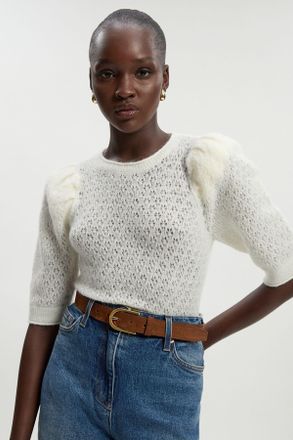 Karen Millen Womens Mohair Blend Pointelle Knitted Tee - White Polyamide - Size Medium