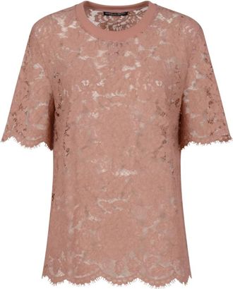 Dolce & Gabbana T-shirt van cordonnetkant met korte mouwen - Dames - Blouses - Roze - L - Katoen - Overhemden