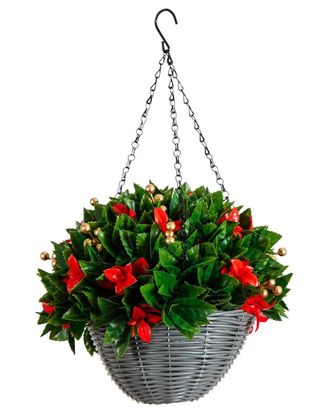 Nearly Natural 24In. Pre-Lit UV Resistant Artificial Red Tip Photinia & Gold Berries Christmas Hanging Basket