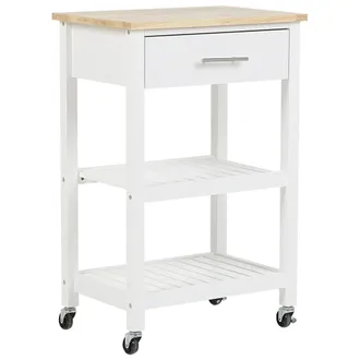 Beliani Carrito De Cocina De Mdf Madera De Caucho Blanco 58 X 40 X 85 Cm Ruedas 2 Baldas 1 Caj&oacute;n Botellero Hiuma