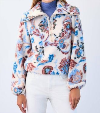FDJ 1/2 Zip Creme Damask Sherpa Popover Jacket In Creme Neutral Damask