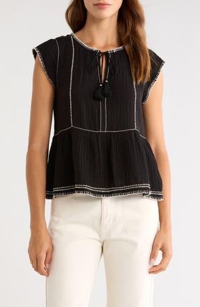 Lucky Brand Embroidered Detail Cotton Tank in 001 Black at Nordstrom, Size Xx-Large