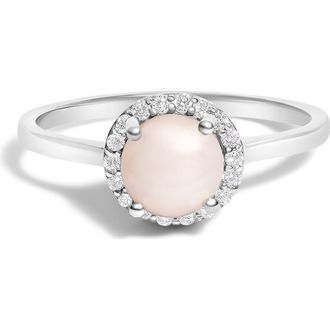 House of Brilliance 10K Gold Gemstone and 1/10 Cttw Diamond Halo Birthstone Ring in White | Pearl at Nordstrom, Size 6.5