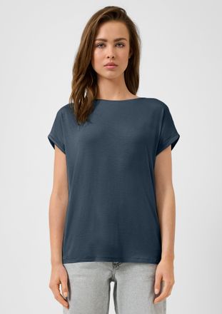 QS by s.Oliver Kurzarmshirt QS, Damen, Gr. XXL (44), blau, Jersey, Obermaterial: 95% Lyocell, 5% Elasthan, unifarben, loose fit h&uuml;ftlang, Rundhals, angeschnitten Auf