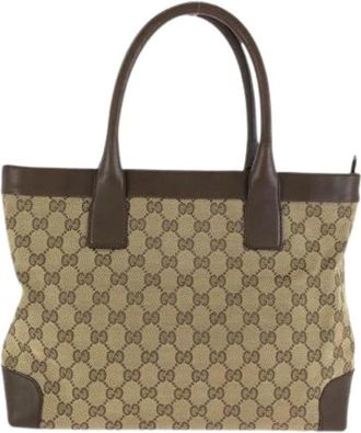 Gucci Pre-owned Bruine Beige GG Canvas Leren Tote Bag - Dames - Vintage Shopper - Bruin - ONE Size - Leer - Vintage