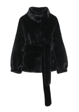 Bully Black Belted High Neck Faux Fur Coat