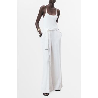 Mango Tie Waist Wide Leg Jumpsuit in Off White at Nordstrom Rack, Size Small