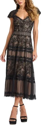 Tadashi Shoji Lace V-Neck Midi Dress in Black/nude at Nordstrom, Size 12