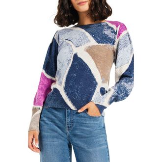 Nic+Zoe Pattern Puff Shoulder Sweater in Blue Multi at Nordstrom Rack, Size Xx-Large
