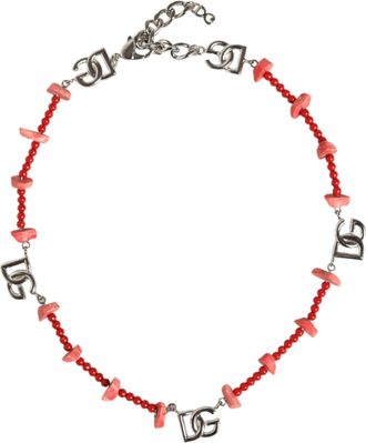 Dolce & Gabbana Silver Tone Brass Beaded Resin DG Logo Chain Womens Necklace