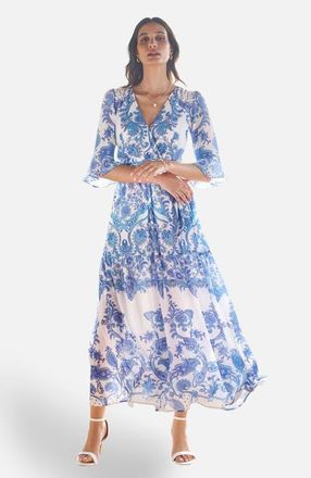 Yumi 3/4 Sleeves Paisley Wrap Midi Dress in Blue at Nordstrom, Size 14