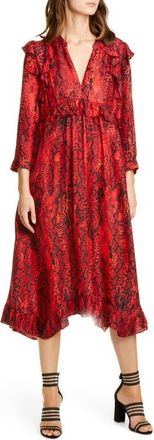 BA&SH Sahara Snakeskin Print Midi Dress in Rouge at Nordstrom, Size X-Small