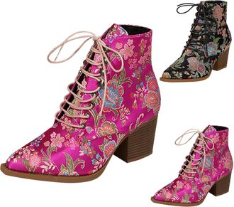 Generic Womens Lace Up Boots Vintage Floral Embroidered Short Boots Pointed Toe Chunky Block Heel Cowboy Boot Winter Stylish Casual Ankle Booties Hot Pink