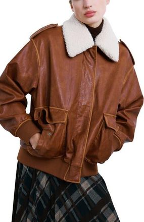 Mango Faux Leather Jacket with Removable Faux Shearling Collar in Brown at Nordstrom, Size X-Small