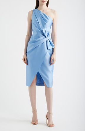 Adrianna Papell Pleated Bow One-Shoulder Mikado Cocktail Dress in Icy Topaz at Nordstrom, Size 16