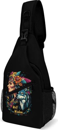 Generic Native Indian Wolf Head Women Flower Mens Shoulder Bags Sling Crossbody Backpack Travel Hiking Chest Bag with Small Side 38x20cm
