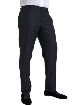 Dolce & Gabbana Blue Brocade Wool Skinny Men Dress Pants Virgin Silk