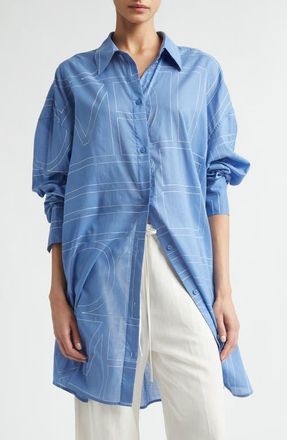 Toteme Embroidered Oversize Long Sleeve Cotton & Lyocell Voile Shirtdress in Cobalt at Nordstrom, Size 4 Us