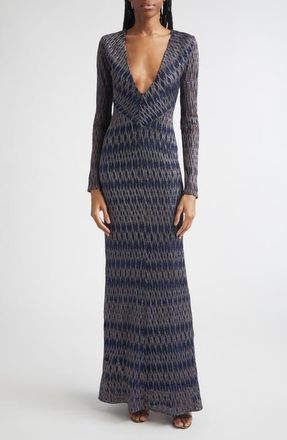 Missoni Long Sleeve 3D Diamond Pattern Lam&eacute; Maxi Dress in Blue Tones at Nordstrom, Size 10 Us