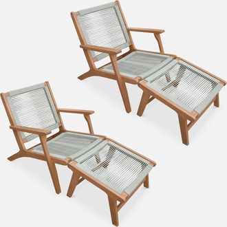 Sweeek Silla De Jard&iacute;n De Madera Y Cuerda Con Reposapi&eacute;s, Set De 2