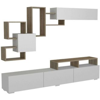 Dmora Dmora - Pared Equipada Dpiovan, Composici&oacute;n De La Sala De Estar, Muebles De Sal&oacute;n Multiusos, Gabinete De Tv, 210x37h47 Cm, Blanco Y Nogal
