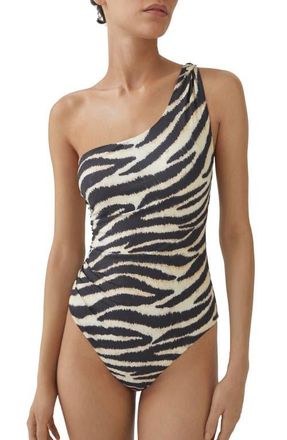 Mango Asymmetric Animal Print One-Piece Swimsuit in Black at Nordstrom, Size X-Small
