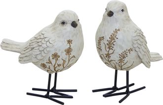 Melrose International Bird Figurine with Carved Floral Design (Set of 2) - White, Brown, Black