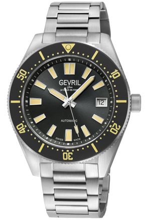 Gevril Group Mens Mariner Row Automatic, SS Case, Black Ceramic Bezel, Dial, 316L Stainless Steel Satin Bracelet Watch - Silver - One Size