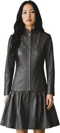 Infinity Leather Womens Ribet Goth Black Leather Victorian Studded Flare Coat- Larvik