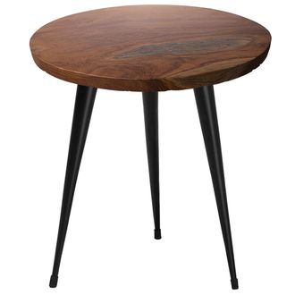 Beliani Mesa Auxiliar Tablero De Madera De Teca Marr&oacute;n Oscuro Redonda Patas Negras 45 Cm Estilo R&uacute;stico Cl&aacute;sico Detah