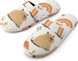 Generic Capybara Rainbow Floral Watermelon Warm Mens Slippers Slip On Soft Fleece House Shoes Winter Indoor Outdoor
