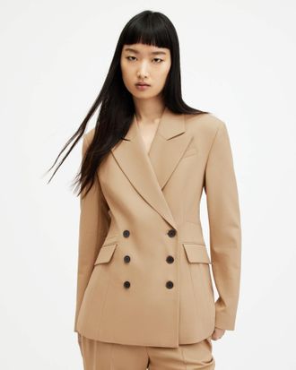 AllSaints Womens Main: 55% Polyester (Recycled), 45% Wool Sevenh Cinched Waist Slim Fit Blazer, Size: UK 16/US 12