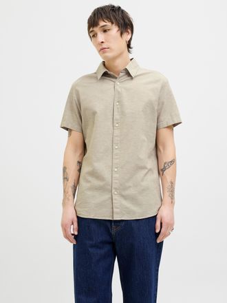 Jack & Jones Kurzarmhemd JACK & JONES JJEBREEZE SHIRT SS SN, Herren, Gr. XS, N-Gr, beige (crockery), Web, Obermaterial: 70% Baumwolle, 30% Leinen, unifarben, slim 