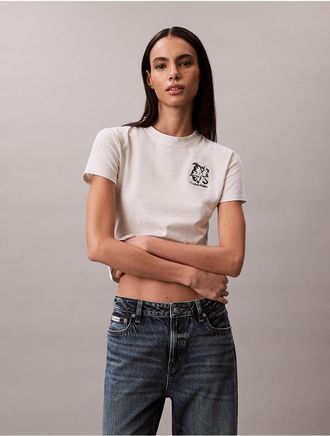 Calvin Klein Jeans Calvin Klein Womens Flower Logo Graphic Slim T-Shirt - Neutral - XL