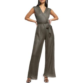 River Island Metallic Straight Leg Pliss&eacute; Jumpsuit in Bronze at Nordstrom Rack, Size 10