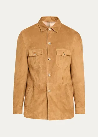 Cesare Attolini Mens Suede Check-Lined Shirt Jacket