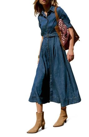 Mint Velvet Denim Midi Shirt Dress with a belt in Navy at Nordstrom, Size 2