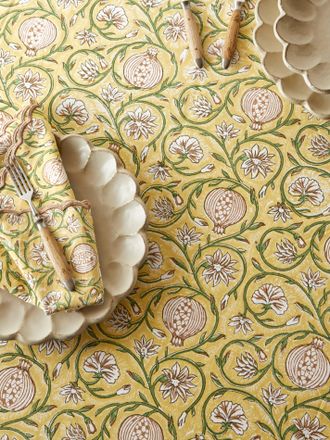 Chamois Tangier Pomegranate Block-Printed Cotton Rectangular Tablecloth
