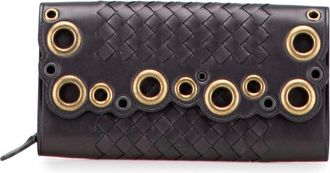 Bottega Veneta Pre-owned Wallets, female, Black, Size: ONE SIZE Pre-owned Woven Leather Continental Wallet with Distinctive Eyelet Accents