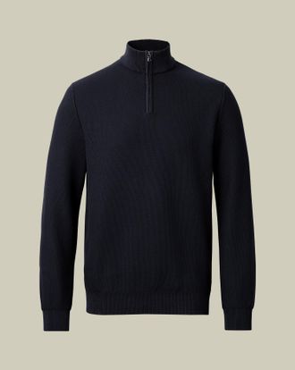 CHARLES TYRWHITT Honeycomb Cotton Zip Neck Jumper - Navy Size Large by Charles Tyrwhitt