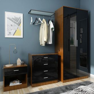 Elegant Lighting Modern High Gloss Wardrobe and Cabinet Furniture Set 2 Doors Wardrobe and 4 Drawer Chest and Bedside Cabinet, Black/Walnut - Elegant