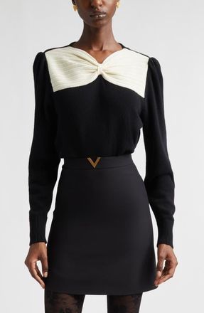 Valentino Bow Detail Virgin Wool Sweater in Black/Ivory at Nordstrom, Size Xx-Small