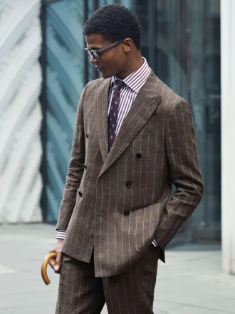 Ismad London Linen-cotton Pinstripe Double-breasted Classic-fit Brown Blazer, 40