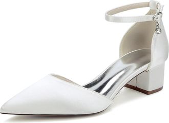 Generic Bridal Bridesmaid Wedding Shoes Womens Pointed Toe Ankle Strap Heels Block Heel Prom Party Dress Rhinestone Low Heels 4.5Cm,Ivory,10 UK