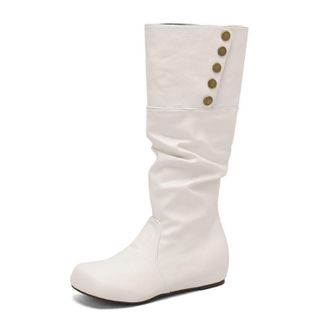 Generic Womens Wedge Heel Knee High Boot Round Toe PU Leather Long Boots Pull on Slouch Boot with Button,White,10.5 UK