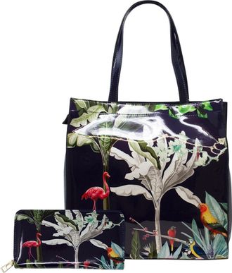 SVNX Womens Glossy Tropical Print Tote Bag & Purse Set - Black - One Size