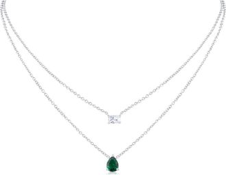 Kenneth Jay Lane Pearl & Emerald Cut Cubic Zirconia Layered Chain Necklace in Green/Silver at Nordstrom Rack