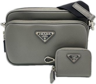 Prada Saffiano Gray Saffiano Shoulder Bag (Pre-Owned)
