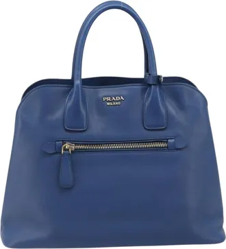 Prada Cuir Promenade Front Zip Tote Leather Blue Leather Handbag (Pre-Owned)