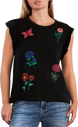 BILLY T Aurora Petal Embroidered Sleeveless T-Shirt in Black Beauty at Nordstrom, Size X-Large
